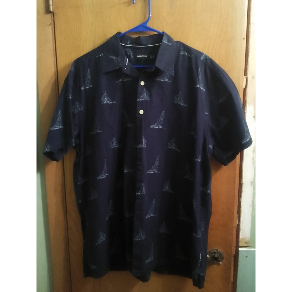 Mens XL Big & Tall Nautica Sailboat Print Navy Blue Button down Front Classic...